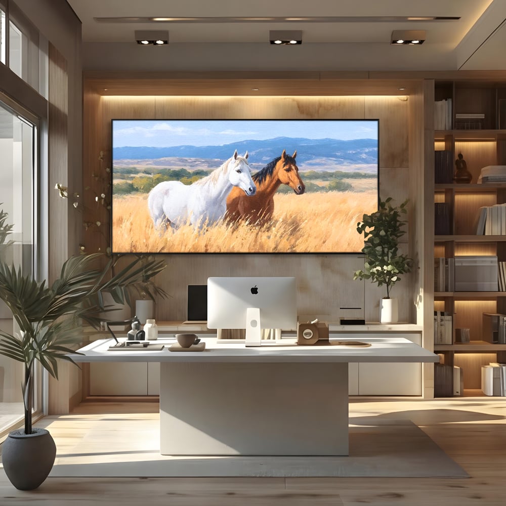 Tablou canvas cu tablou canvas cu doi cai in lan, in rama de aluminiu negru, pe perete intr-un birou